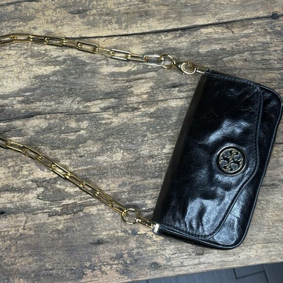 Tory Birch Amanda Black Mini Clutch Crossbody Gold Chain Removable Strap Leather - Picture 3 of 16